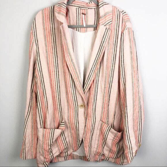 FREE PEOPLE | Simply Stripe Slouchy Boyfriend Style Blazer Linen Oversized Small - Picture 4 of 13